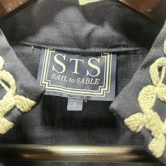 Sail To Sable Linen Tunic Dress Blue Long Sleeve V-Neck Coastal Women's Size 2 - Picture 5 of 10